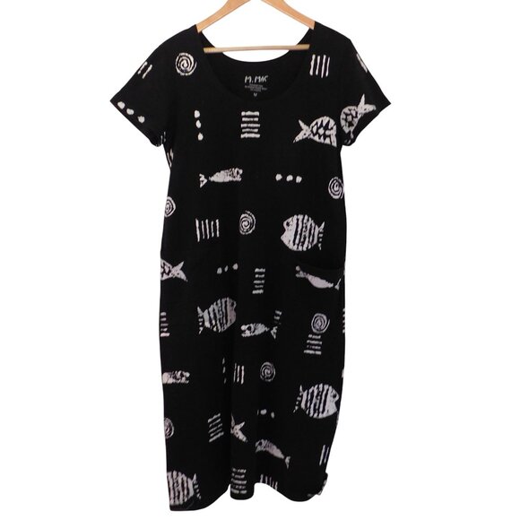 M Mac Rock Fish Midi Dress Womens Black & WhiteHand Printed Cotton Knit Medium - Picture 1 of 6